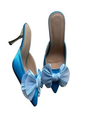 Luxurious Satin Pointed-Toe Blue Mule Heels with Bow